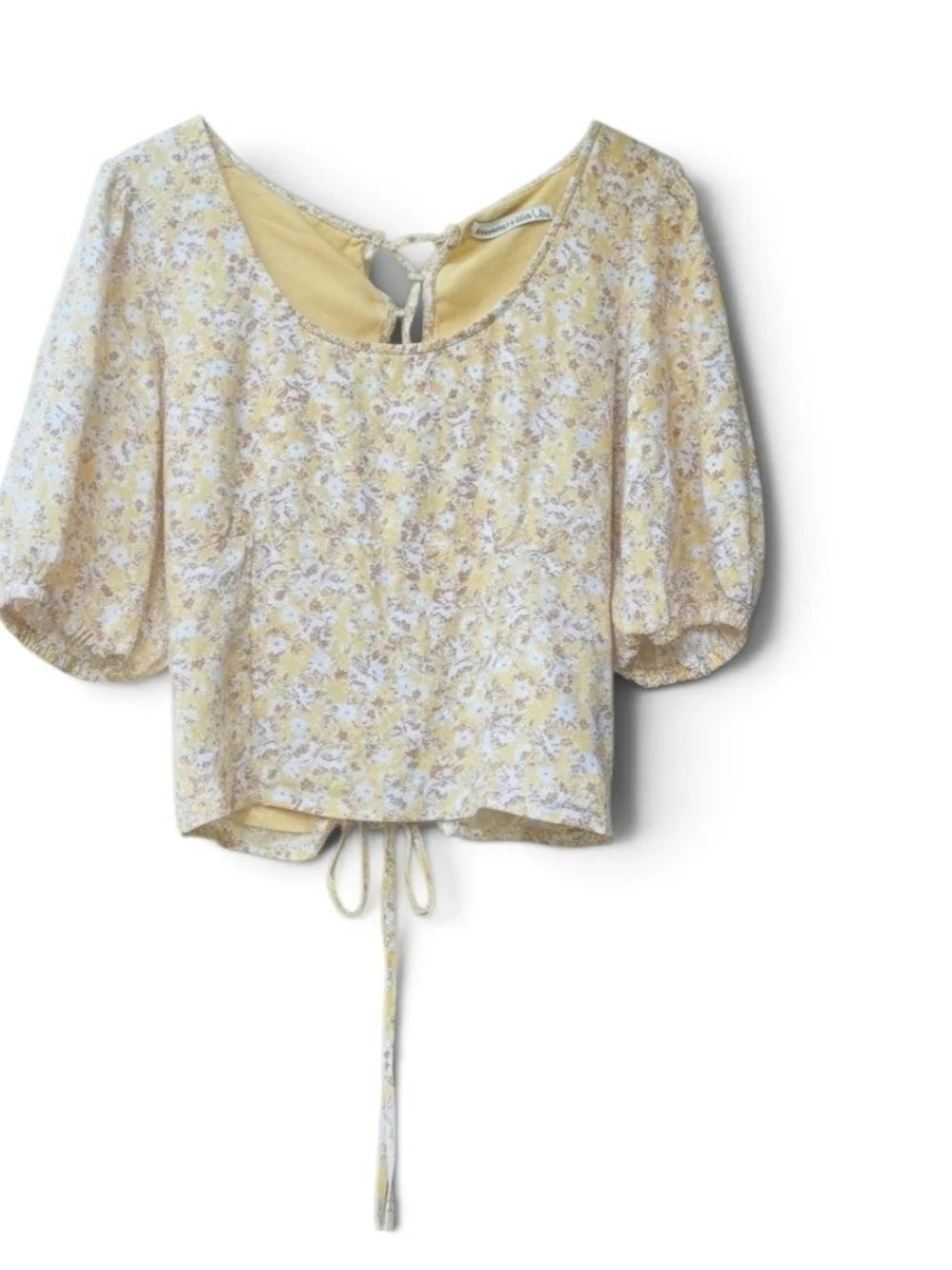 Abercrombie & Fitch Yellow Floral Lace-Up Back Puff Sleeve Top Size L